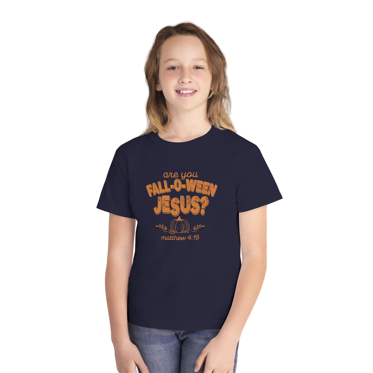Are You Fall-O-Ween Jesus? Youth Tee, Christian Pumpkin Scripture Matthew 4:19