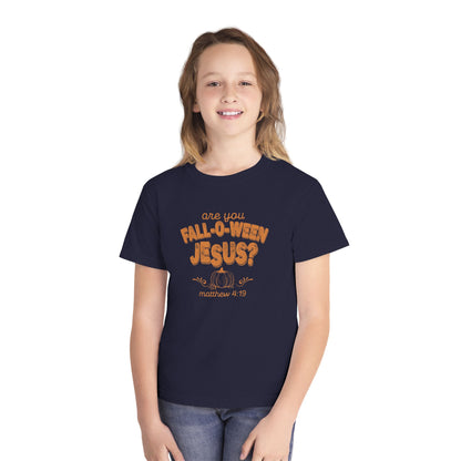 Are You Fall-O-Ween Jesus? Youth Tee, Christian Pumpkin Scripture Matthew 4:19