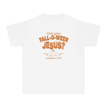 Are You Fall-O-Ween Jesus? Youth Tee, Christian Pumpkin Scripture Matthew 4:19
