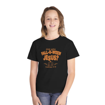 Are You Fall-O-Ween Jesus? Youth Tee, Christian Pumpkin Scripture Matthew 4:19