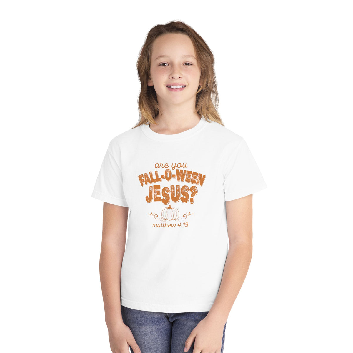 Are You Fall-O-Ween Jesus? Youth Tee, Christian Pumpkin Scripture Matthew 4:19