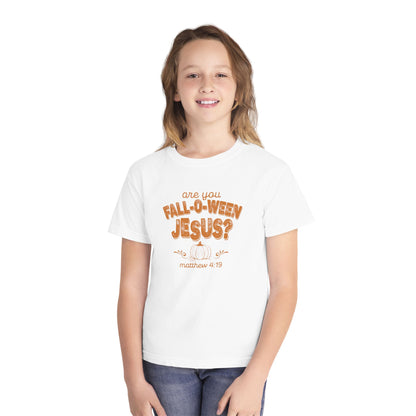 Are You Fall-O-Ween Jesus? Youth Tee, Christian Pumpkin Scripture Matthew 4:19