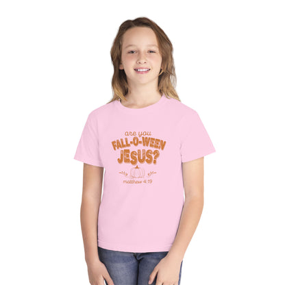 Are You Fall-O-Ween Jesus? Youth Tee, Christian Pumpkin Scripture Matthew 4:19